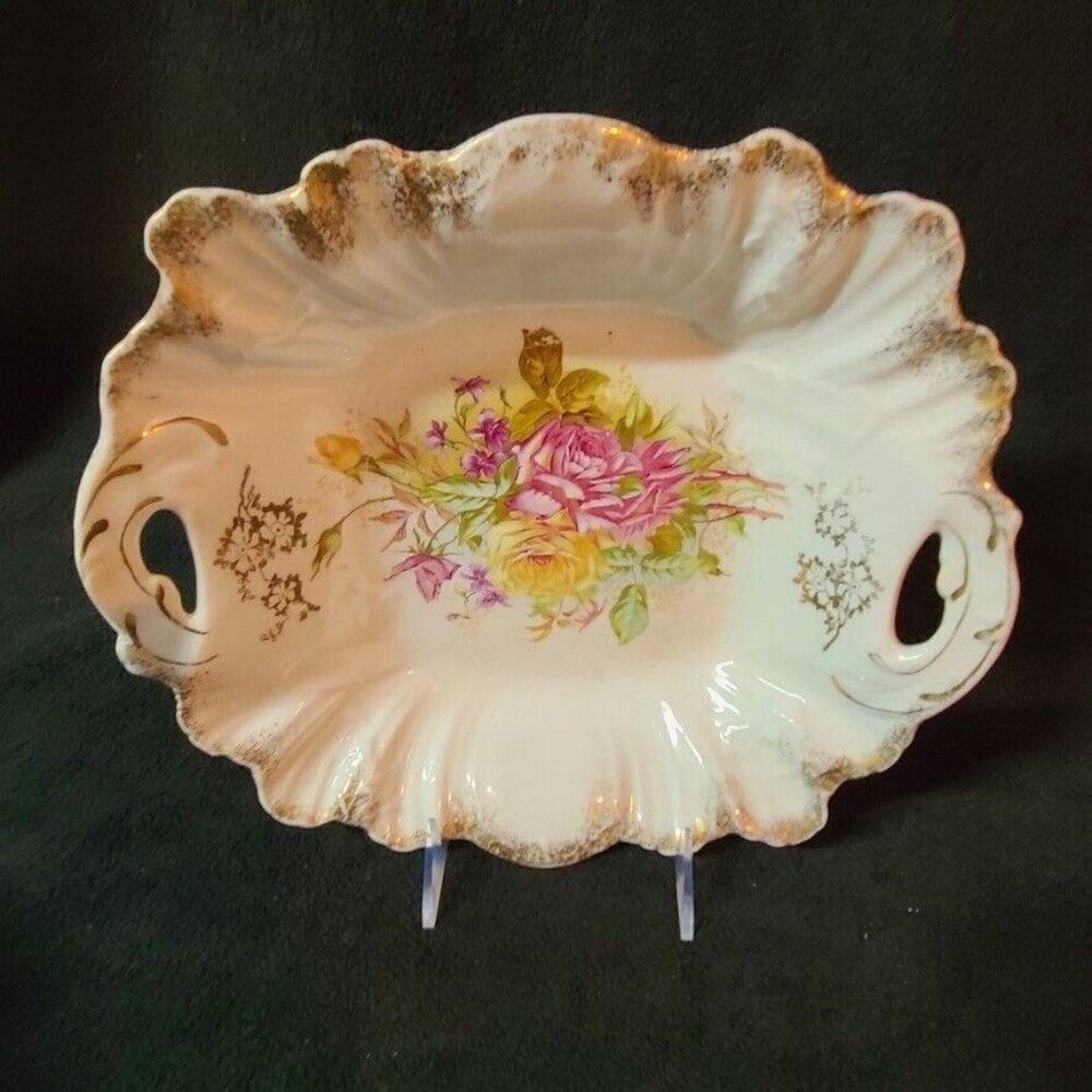 Vintage Warwick China Square Bowl Scalloped Pink Roses Gold Trim Handles